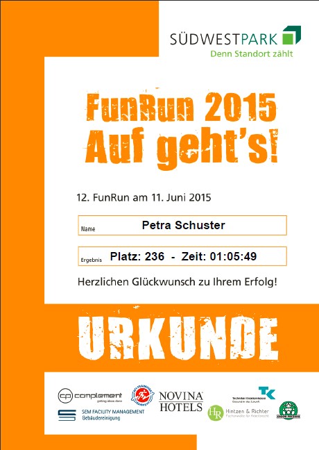 Urkunde FunRun Südwestpark folgt wenn veröffentlicht