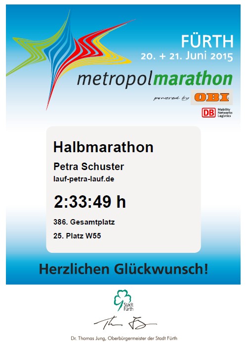 Urkunde HM beim Metropolmarathon in Fürth